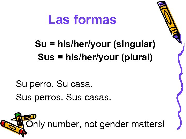 Las formas Su = his/her/your (singular) Sus = his/her/your (plural) Su perro. Su casa.