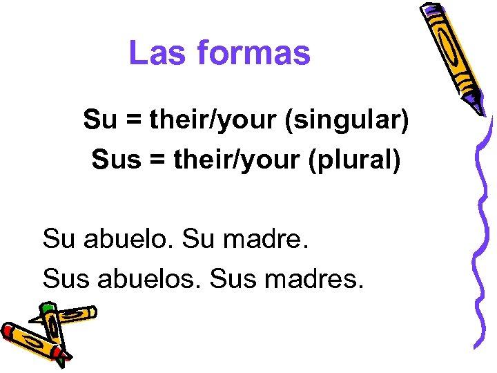 Las formas Su = their/your (singular) Sus = their/your (plural) Su abuelo. Su madre.
