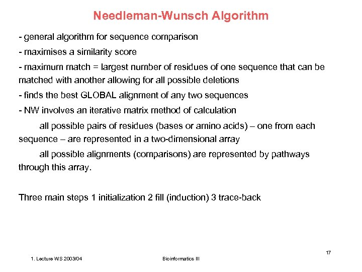 Needleman-Wunsch Algorithm - general algorithm for sequence comparison - maximises a similarity score -