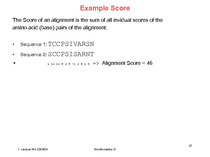 Example Score The Score of an alignment is the sum of all invidual scores