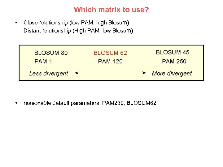 Which matrix to use? • Close relationship (low PAM, high Blosum) Distant relationship (High