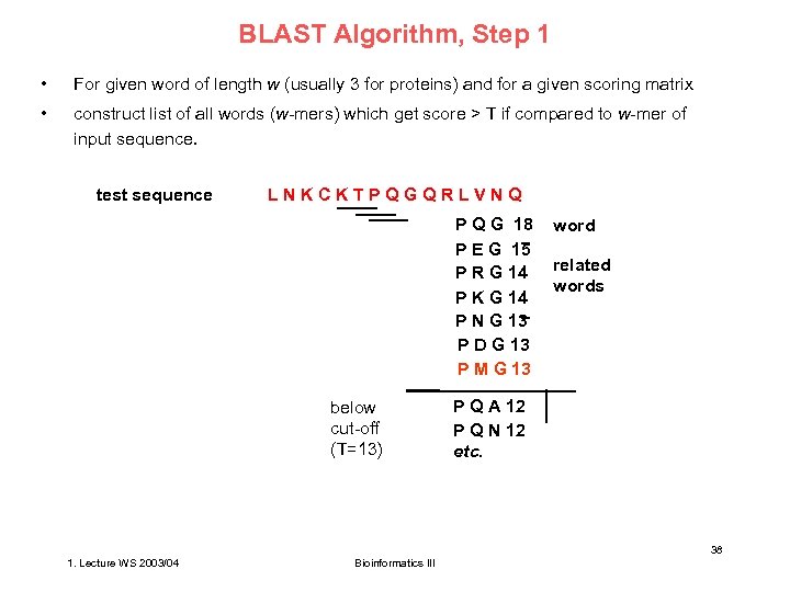 BLAST Algorithm, Step 1 • For given word of length w (usually 3 for