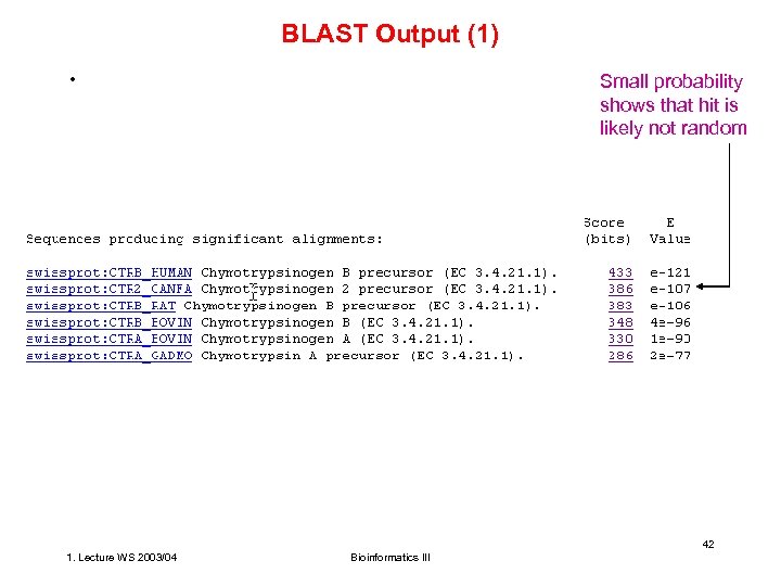 BLAST Output (1) • Small probability shows that hit is likely not random 42