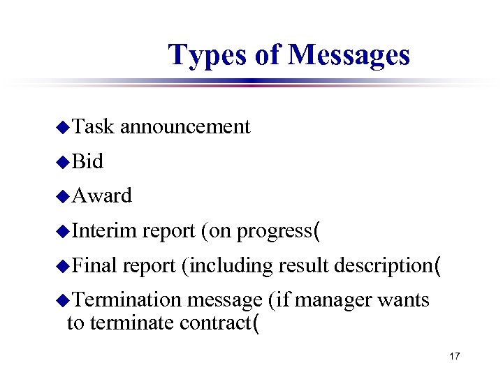 Types of Messages u. Task announcement u. Bid u. Award u. Interim u. Final