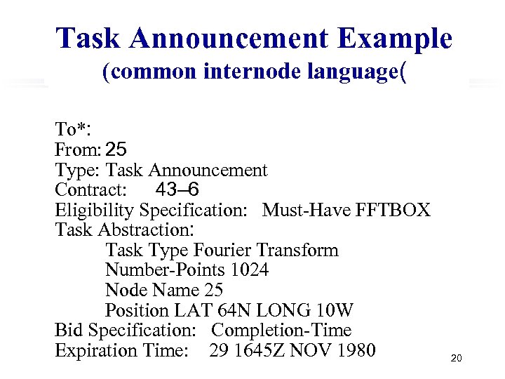 Task Announcement Example (common internode language( To*: From: 25 Type: Task Announcement Contract: 43–