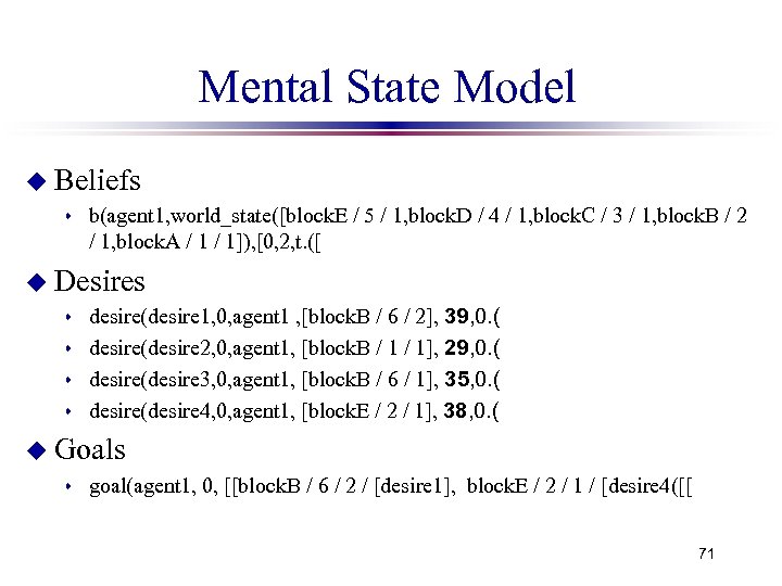 Mental State Model u Beliefs s b(agent 1, world_state([block. E / 5 / 1,