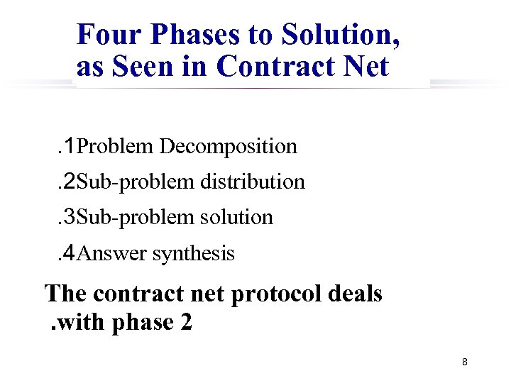 Four Phases to Solution, as Seen in Contract Net. 1 Problem Decomposition. 2 Sub-problem