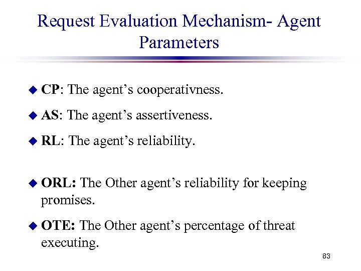 Request Evaluation Mechanism- Agent Parameters u CP: The agent’s cooperativness. u AS: The agent’s