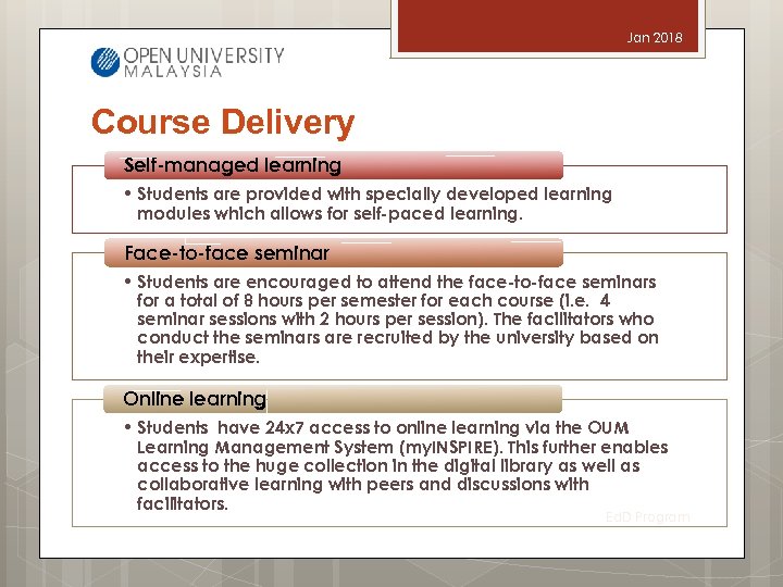 Jan 2018 Course Delivery Self-managed learning • Students are provided with specially developed learning