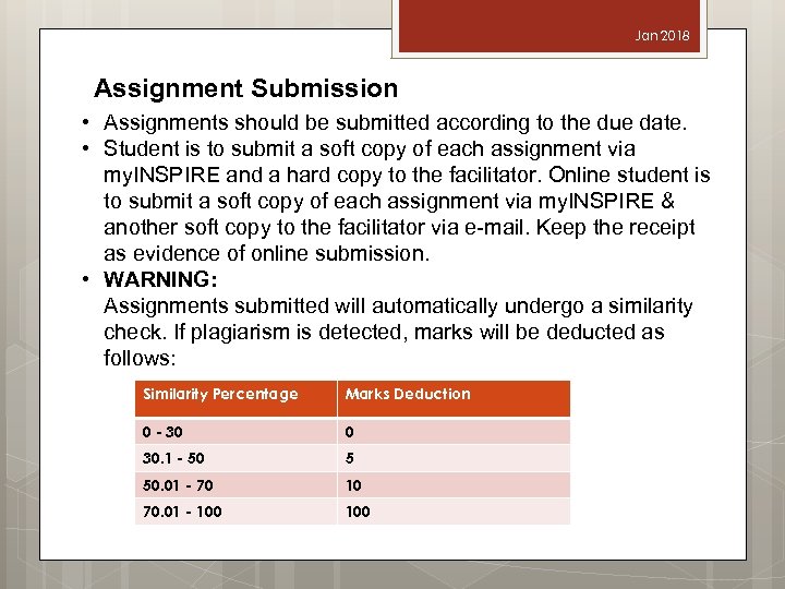 Jan 2018 Assignment Submission • Assignments should be submitted according to the due date.