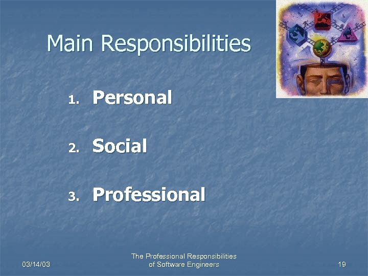 Main Responsibilities 1. 2. Social 3. 03/14/03 Personal Professional The Professional Responsibilities of Software