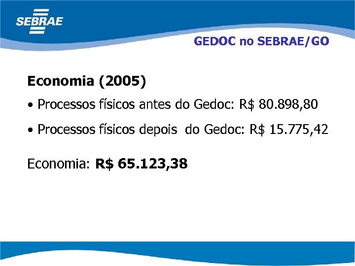 GEDOC no SEBRAE/GO Economia (2005) • Processos físicos antes do Gedoc: R$ 80. 898,