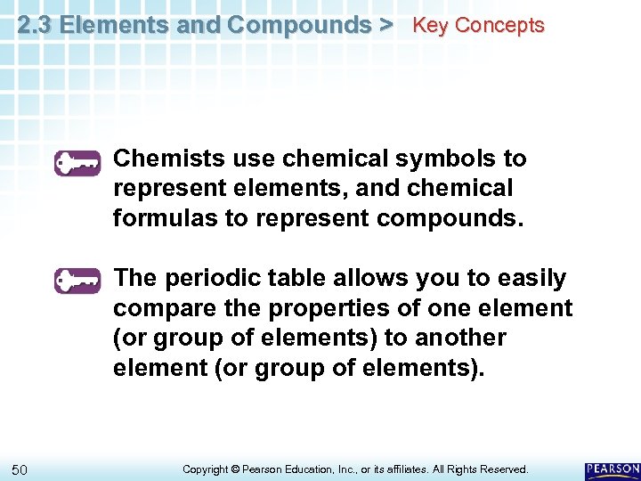 2. 3 Elements and Compounds > Key Concepts Chemists use chemical symbols to represent