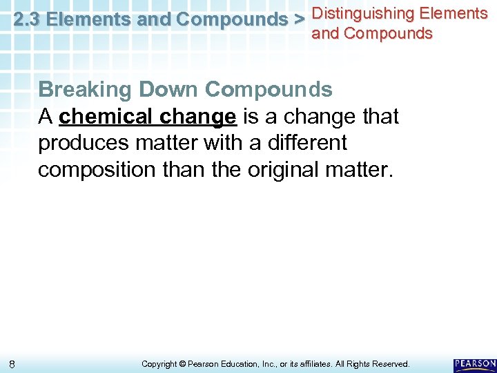 2. 3 Elements and Compounds > Distinguishing Elements and Compounds Breaking Down Compounds A