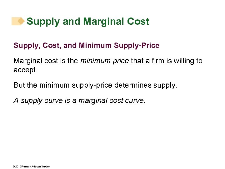 Supply and Marginal Cost Supply, Cost, and Minimum Supply-Price Marginal cost is the minimum