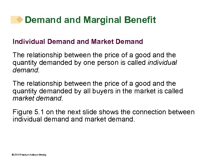 Demand Marginal Benefit Individual Demand Market Demand The relationship between the price of a