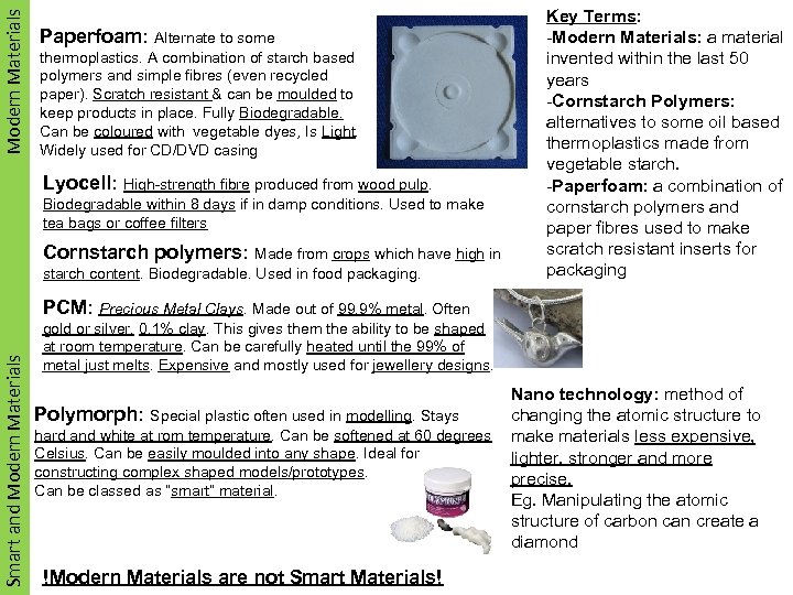 Modern. Materials Smart Materials Paperfoam: Alternate to some thermoplastics. A combination of starch based