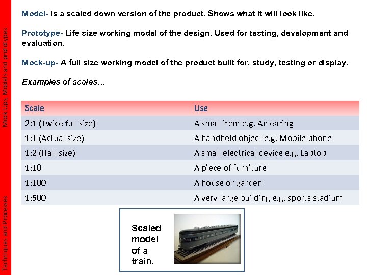 Mock Ups, Models and prototypes Model- Is a scaled down version of the product.