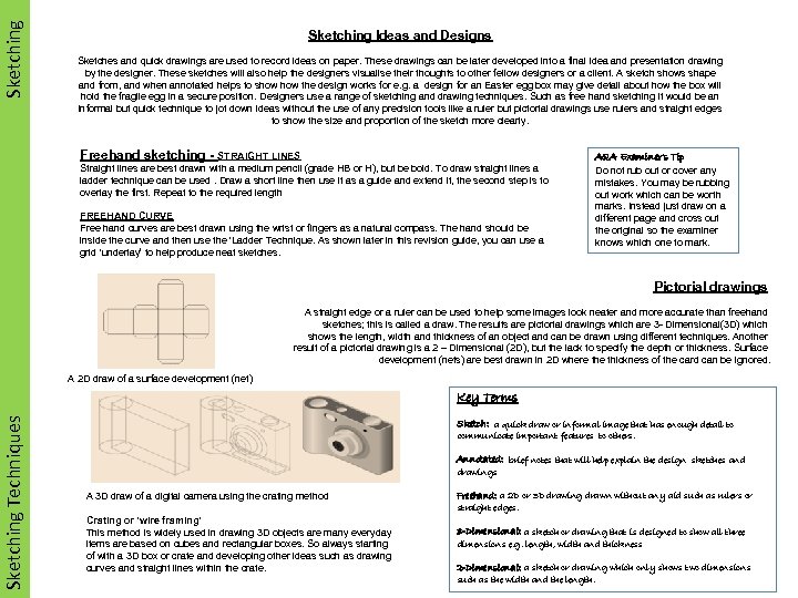 Sketching Ideas and Designs Sketches and quick drawings are used to record ideas on