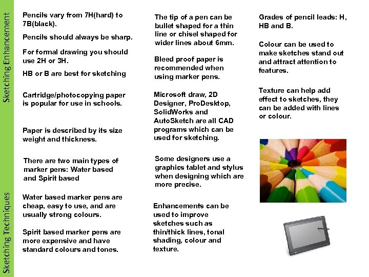 Sketching Enhancement Pencils vary from 7 H(hard) to 7 B(black). Pencils should always be