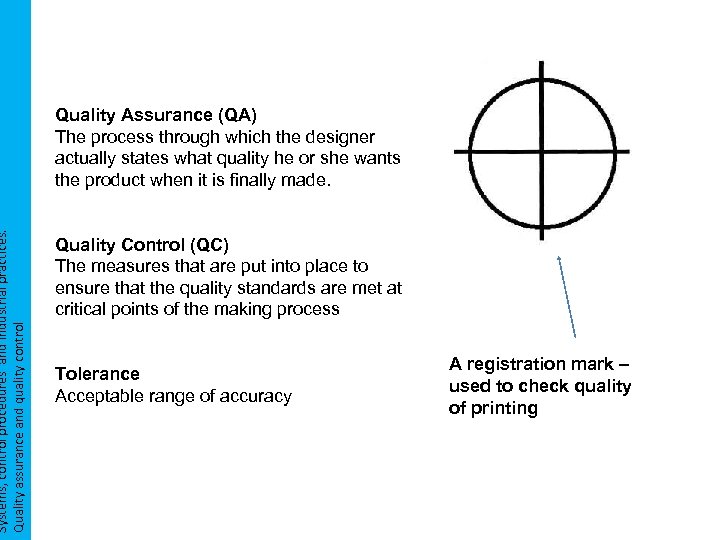 Systems, control procedures and industrial practices. Quality assurance and quality control Quality Assurance (QA)