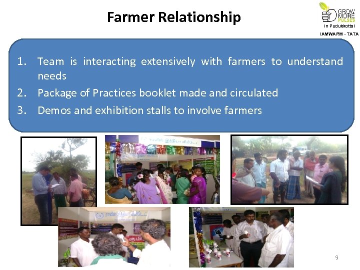 Farmer Relationship In Pudukkottai IAMWARM - TATA 1. Team is interacting extensively with farmers