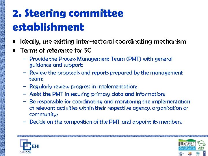 2. Steering committee establishment • Ideally, use existing inter-sectoral coordinating mechanism • Terms of