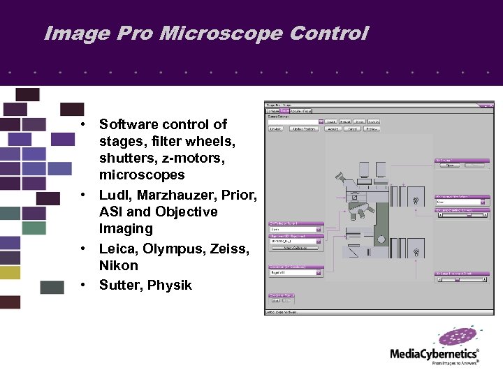 Image Pro Microscope Control • Software control of stages, filter wheels, shutters, z-motors, microscopes