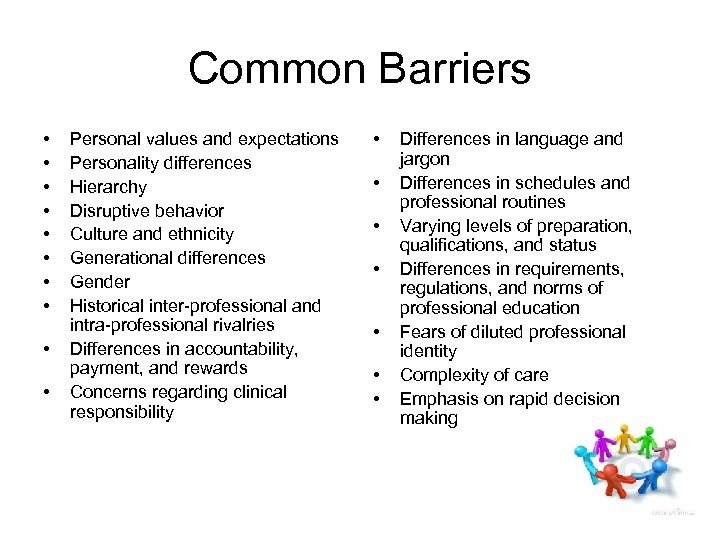 Common Barriers • • • Personal values and expectations Personality differences Hierarchy Disruptive behavior