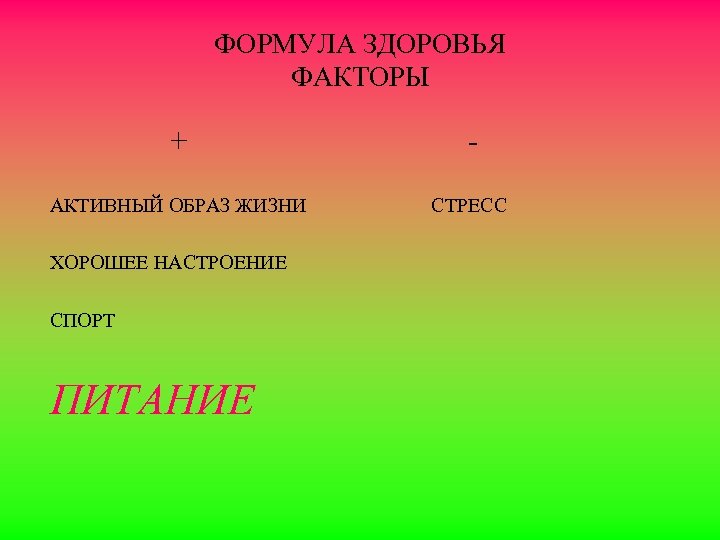 ФОРМУЛА ЗДОРОВЬЯ ФАКТОРЫ + - АКТИВНЫЙ ОБРАЗ ЖИЗНИ СТРЕСС ХОРОШЕЕ НАСТРОЕНИЕ СПОРТ ПИТАНИЕ 