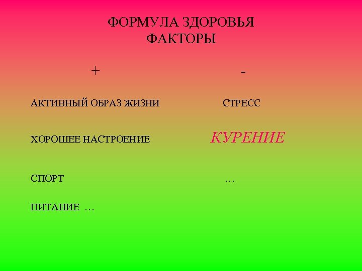 ФОРМУЛА ЗДОРОВЬЯ ФАКТОРЫ + - АКТИВНЫЙ ОБРАЗ ЖИЗНИ СТРЕСС ХОРОШЕЕ НАСТРОЕНИЕ СПОРТ ПИТАНИЕ …