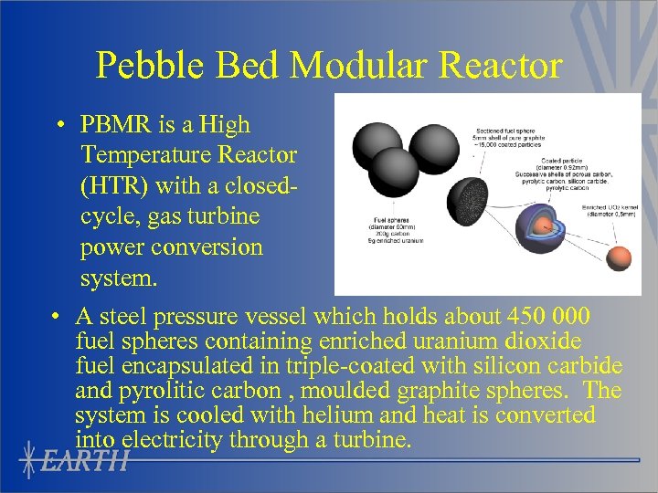 Pebble Bed Modular Reactor • PBMR is a High Temperature Reactor (HTR) with a