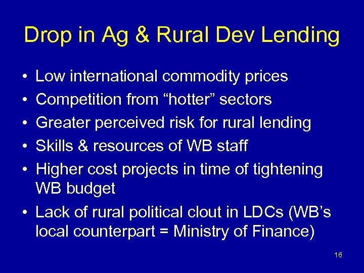Drop in Ag & Rural Dev Lending • • • Low international commodity prices