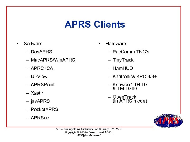 APRS Clients • • Software Hardware – Dos. APRS – Pac. Comm TNC’s –