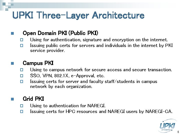 UPKI Three-Layer Architecture n Open Domain PKI (Public PKI) p p n Campus PKI