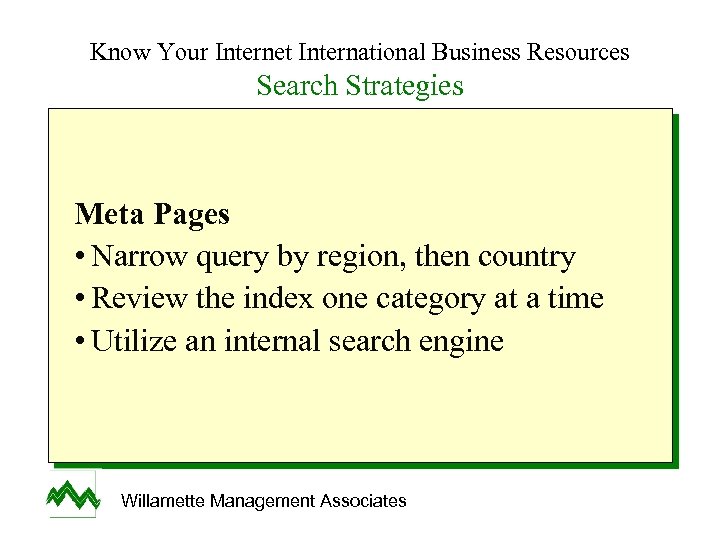 Know Your Internet International Business Resources Search Strategies Meta Pages • Narrow query by