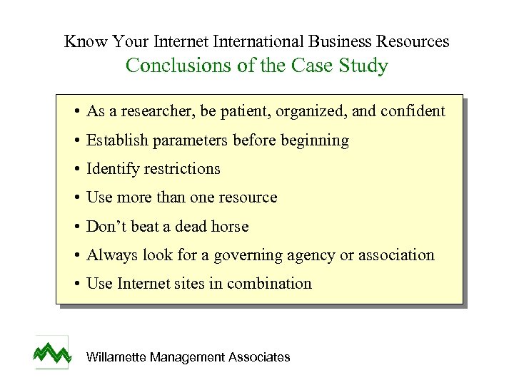 Know Your Internet International Business Resources Conclusions of the Case Study • As a