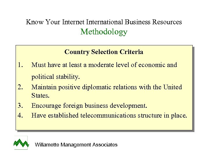 Know Your Internet International Business Resources Methodology Country Selection Criteria 1. Must have at