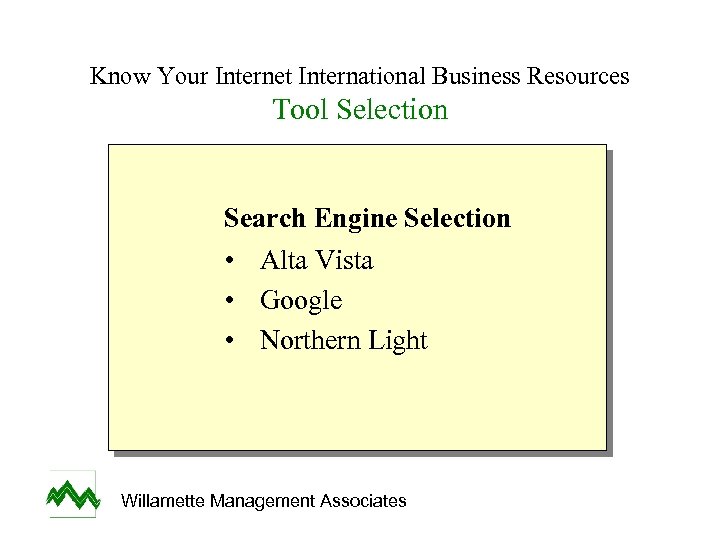 Know Your Internet International Business Resources Tool Selection Search Engine Selection • Alta Vista