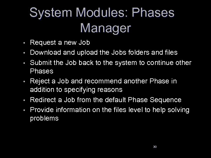 System Modules: Phases Manager • • • Request a new Job Download and upload