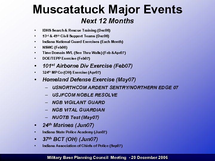 Muscatatuck Major Events Next 12 Months • • • IDHS Search & Rescue Training