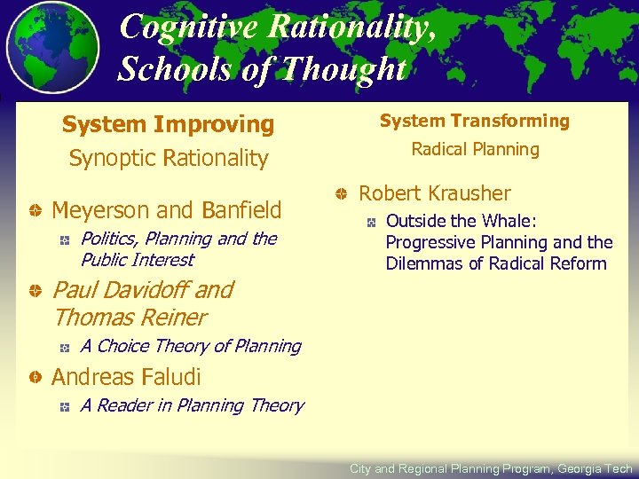 Cognitive Rationality, Schools of Thought System Improving Synoptic Rationality Meyerson and Banfield Politics, Planning