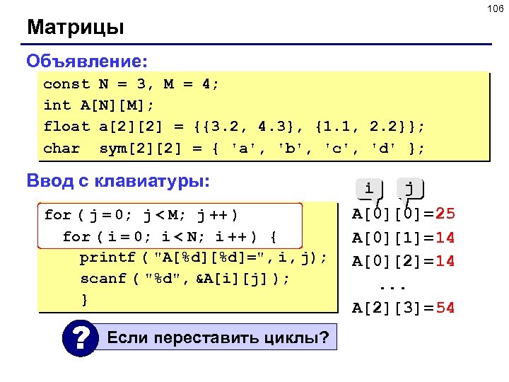 106 Матрицы Объявление: const N = 3, M = 4; int A[N][M]; float a[2][2]