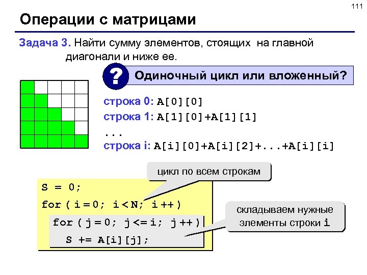 111 Операции с матрицами Задача 3. Найти сумму элементов, стоящих на главной диагонали и