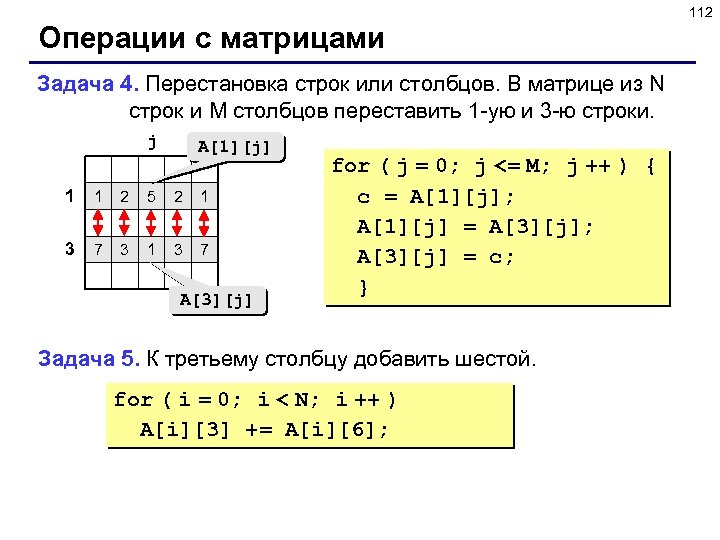 112 Операции с матрицами Задача 4. Перестановка строк или столбцов. В матрице из N