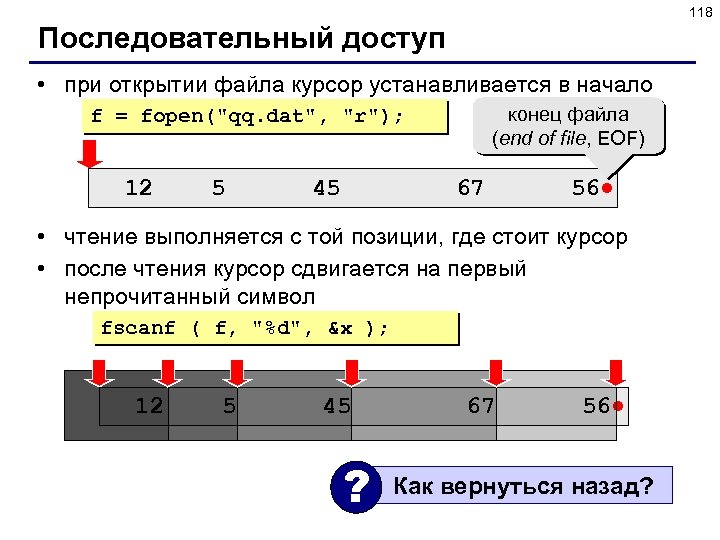 118 Последовательный доступ • при открытии файла курсор устанавливается в начало конец файла (end