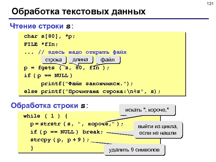 131 Обработка текстовых данных Чтение строки s: char s[80], *p; FILE *f. In; .