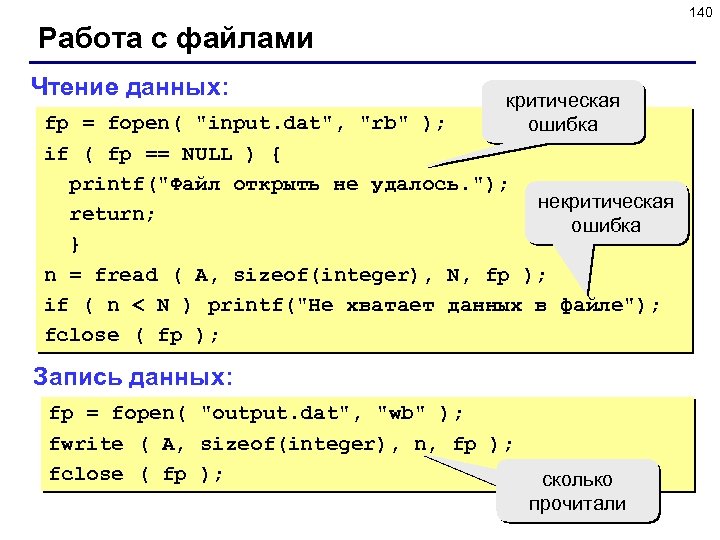 140 Работа с файлами Чтение данных: критическая ошибка fp = fopen( 