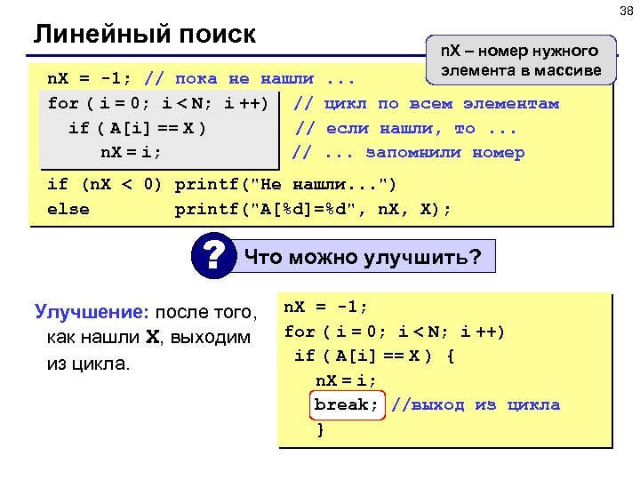 38 Линейный поиск n. X = -1; // пока не нашли for ( i