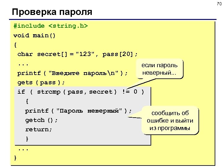 70 Проверка пароля #include <string. h> void main() { char secret[] = 